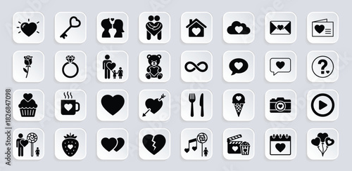 Valentine’s Day glyph icon set. Vector pictograms of love, romance, couple, heart, gift, family, celebration and relationship illustration.