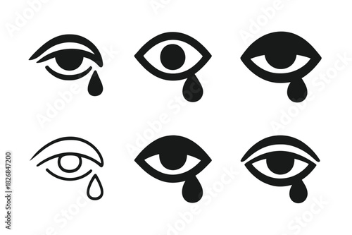 Sad Eyes Logos. sad eyes. Icon set. Set Logo of sad eyes: soft blink with tear trace. harmonious logo variations of the same emblematic concept, each with