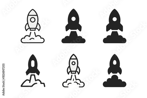 Rocket Logo Variations. Startups. Icon set. Set Logo of startups: rocket launch. harmonious logo variations of the same emblematic concept, each with different
