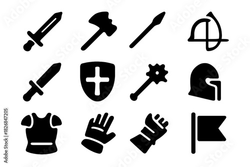 Medieval Weapons Icons. Medieval Weapons. Solid icon set of Medieval Weapons: sword, axe, spear, bow, arrow, dagger, shield, mace, helmet, armor, gauntlet,