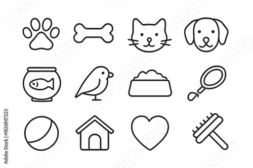 Family Pet Icons. Family pets. Line icon set of family pets: paw, bone, cat, dog, fish bowl, bird, pet food bowl, leash, ball, house, heart, brush. All outline