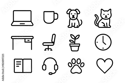 Home Office Pet Icons. Work from home with pets. Line icon set of work from home with pets: laptop, coffee mug, dog, cat, desk, chair, plant, clock, notebook,