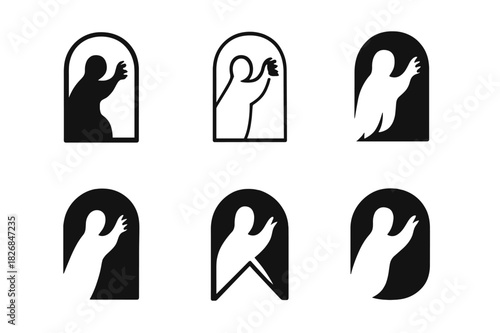Ghostly Logo Variations. Reaching for someone not there. Icon set. Set Logo of ghostly shadow. harmonious logo variations of the same emblematic concept