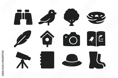 Outdoor Birding Icons. Outdoor birding. Solid icon set of Outdoor birding: binoculars, bird, tree, nest, feather, birdhouse, camera, field guide, telescope,
