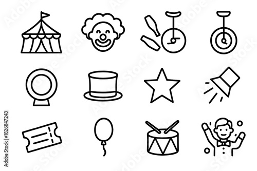 Circus Icon Set. Circus performance. Line icon set of circus performance: tent, clown, juggling clubs, unicycle, ring, hat, star, spotlight, ticket, balloon,