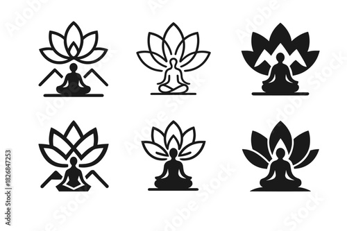 Outdoor Yoga Icons. outdoor yoga meetups. Icon set. Set Logo of outdoor yoga meetups: lotus flower symbol. harmonious logo variations of the same emblematic