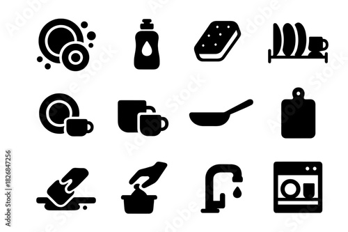 Kitchen Chores Icons. Kitchen chores. Solid icon set of Kitchen chores: washing dishes, dish soap, sponge, drying rack, plates, cups, cooking pan, cutting