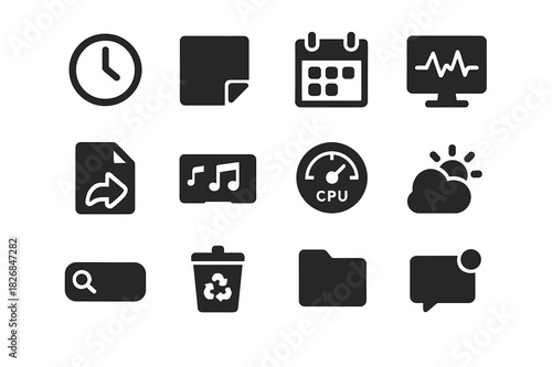 Desktop Widget Icon Set. Desktop widgets. Solid icon set of desktop widgets: clock, sticky note, calendar, system monitor, file shortcut, music player, CPU