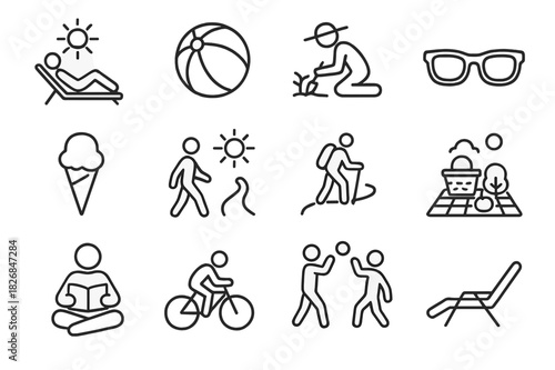 Sunny Activities Icons. Sunny activities. Line icon set of sunny activities: sunbathing, beach ball, gardening, sunglasses, ice cream, walking in sun, hiking