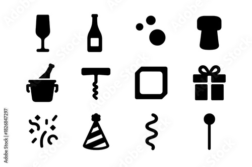 Luxury Celebration Icons. Luxury celebration. Solid icon set of Luxury celebration: champagne flute, bottle, bubbles, cork, ice bucket, wine opener, cocktail