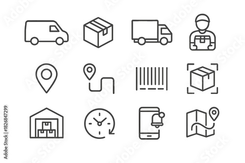 Delivery Icons Collection. Delivery & Logistics Apps. Line icon set of Delivery & Logistics Apps: delivery van, parcel box, truck, courier, GPS tracking,