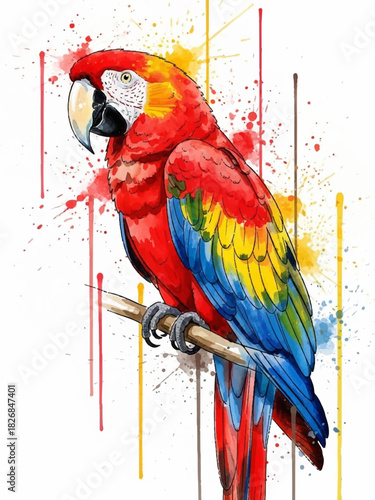 Vibrant watercolor painting of a majestic scarlet macaw perched on a branch, showcasing bright plumage and artistic paint splatters