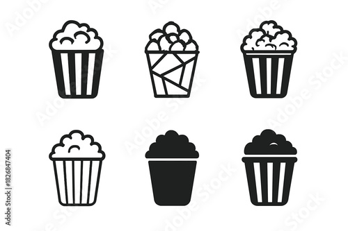 Popcorn Logo Variations. Popcorn Bucket. Icon set. Set Logo of Popcorn Bucket: overflowing popcorn bucket. harmonious logo variations of the same emblematic