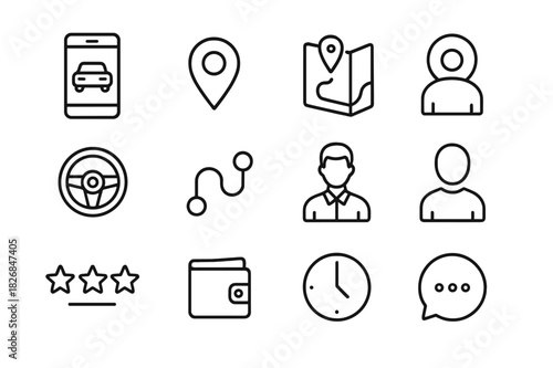 Ride-Sharing Icons Set. Ride-sharing apps. Line icon set of ride-sharing apps: smartphone, car, location pin, map, steering wheel, route line,