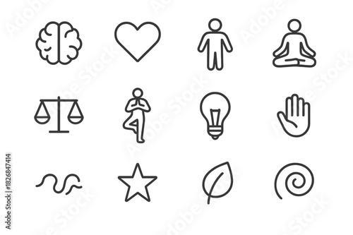 Mind and Body Icons. Mind and body. Line icon set of mind and body: brain, heart, person, meditation pose, balance scale, yoga position, lightbulb, hand, wave,