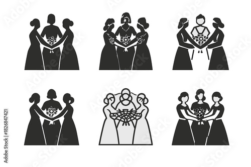 Bridesmaids Logo Variations. Bridesmaids in matching dresses. Icon set. Set Logo of bridesmaids in matching dresses: Hands holding bouquets in
