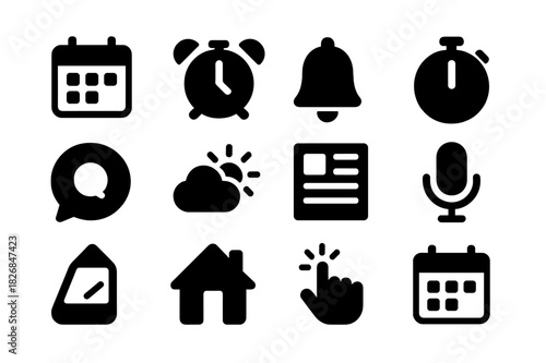 Daily Assistance Icons. Daily assistance. Solid icon set of Daily assistance: calendar, alarm clock, reminder bell, timer, notification icon, weather, news