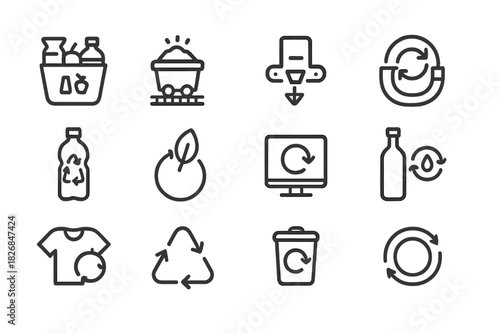 Material Recovery Icons. Material recovery. Line icon set of material recovery: waste separation, resource extraction, sorting machine, recycled metal, plastic
