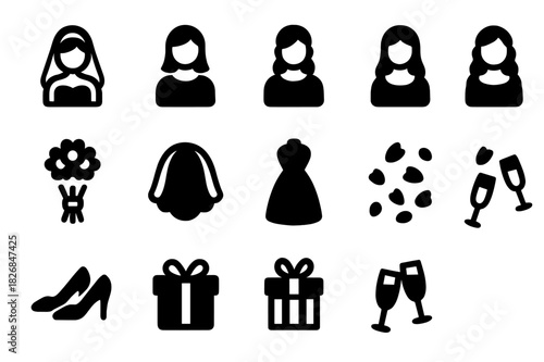 Bridal Icon Set. Bridal moment. Solid icon set of Bridal moment: bride, bridesmaid , bridesmaid , bridesmaid , bridesmaid , bouquet, veil, wedding dress,
