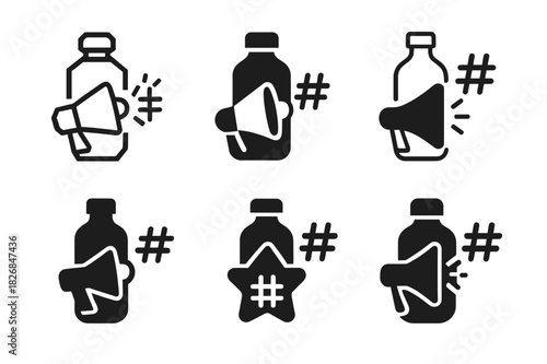 Influencer Logo Variations. Influencer-led product launches and marketing campaigns. Icon set. Set Logo of influencer marketing: trending product and hashtags.