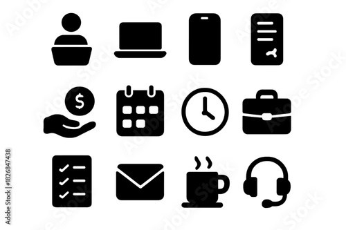 Short-Term Jobs Icons. Short-term jobs. Solid icon set of Short-term jobs: freelancer, laptop, smartphone, contract, payment, calendar, clock, briefcase,