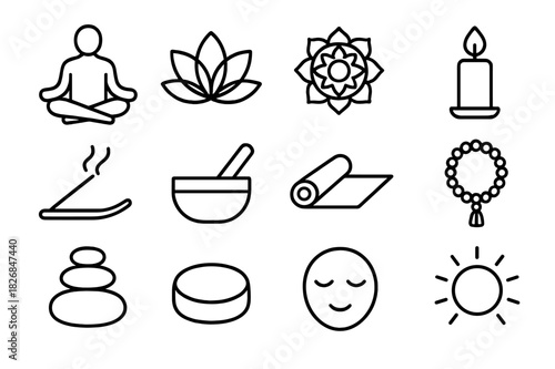Meditative Icon Set. Meditation circle. Line icon set of meditation circle: sitting person, lotus pose, mandala, candle, incense, singing bowl, yoga mat, mala