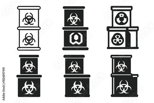 Toxic Waste Logos. toxic waste barrels. Icon set. Set Logo of toxic waste barrels: stacked barrels with hazard symbol. harmonious logo variations of the same