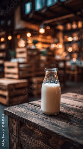 Rustic Glass Bottle of Milk on a Wooden Table in a Cozy Cafe During Evening