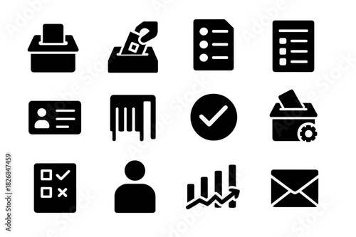Election Icon Set. Election process. Solid icon set of Election process: ballot box, hand casting vote, voting paper, tally sheet, voter ID, booth, checkmark,