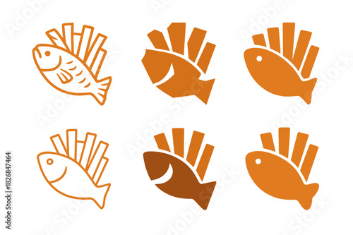 Fish and Chips Logos. fish and chips. Icon set. Set Logo of fish and chips: fish fillet and fries illustration. harmonious logo variations of the