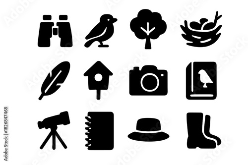 Bird Watching Icons. Bird watching. Solid icon set of Bird watching: binoculars, bird, tree, nest, feather, birdhouse, camera, field guide,
