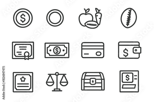 Evolution of Currency Icons. History of currency, trade, and the evolution of money. Line icon set of History of currency, trade, and the evolution of money: