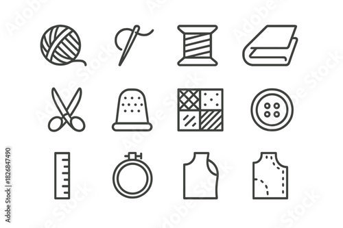 Textile Craft Icons. Textile crafts. Line icon set of textile crafts: yarn ball, needle, thread, spool, fabric, scissors, thimble, patchwork, button, ruler,