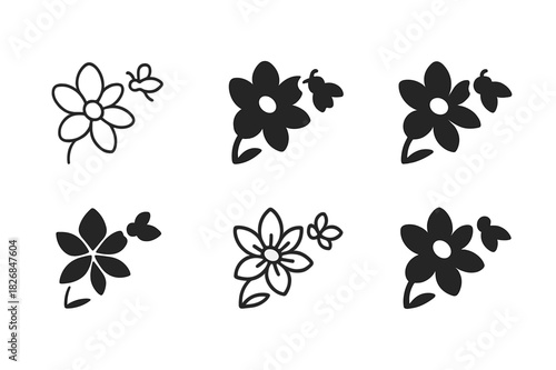 Flower Petal Functions. Function of flower petals. Icon set. Set Logo of flower petal function: petals attracting pollinator. harmonious logo variations of the