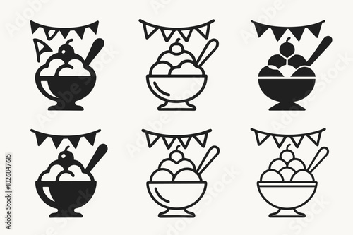 Ice Cream Sundae Icons. setting up an ice cream sundae bar. Icon set. Set Logo of setting up an ice cream sundae bar: playful sundae night setup. harmonious