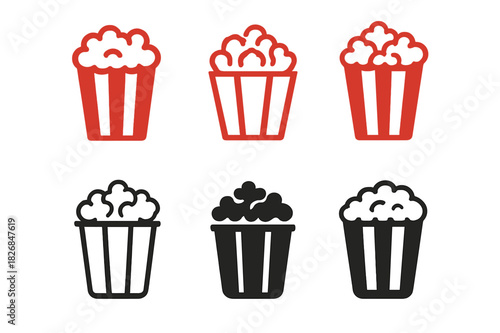 Popcorn Logo Variations. Popcorn Bucket. Icon set. Set Logo of Popcorn Bucket: overflowing popcorn bucket. harmonious logo variations of the same emblematic