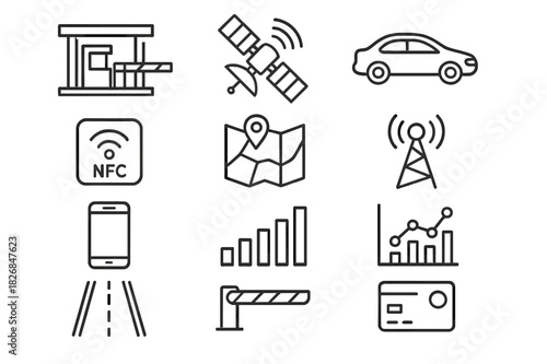 Smart Infrastructure Icons. Smart infrastructure. Line icon set of smart infrastructure: toll gate, satellite, car, NFC tag, map, antenna, smartphone, signal,