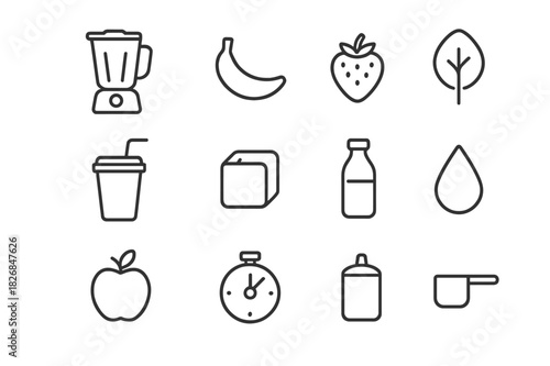 Smoothie Icon Set. Smoothie prep. Line icon set of smoothie prep: blender, banana, strawberry, spinach, cup, straw, ice cube, bottle, droplet, apple, timer,