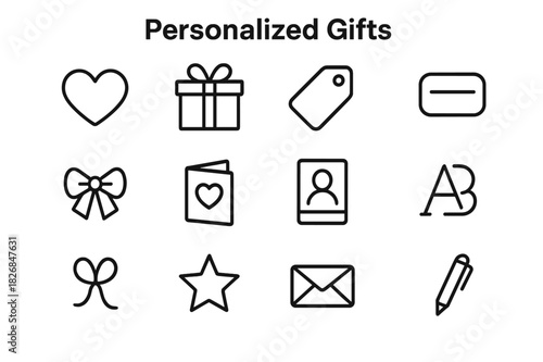 Personalized Gift Icons. Personalized Gifts. Line icon set of Personalized Gifts: heart, gift box, tag, name label, bow, card, photo frame, monogram, ribbon,