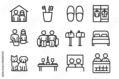 Cohabitation Icon Set. Cohabitation. Line icon set of Cohabitation: couple sharing home, two toothbrushes in cup, pair of slippers, shared wardrobe, couple