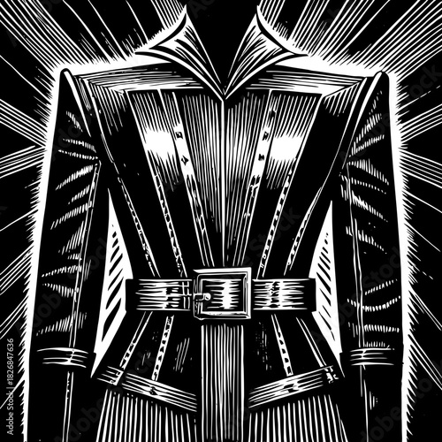 Striking black and white illustration of a formal jacket with belt