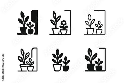 Indoor Plant Logo Variations. placing indoor plants around the house. Icon set. Set Logo of placing indoor plants around the house: corner with tall plants.