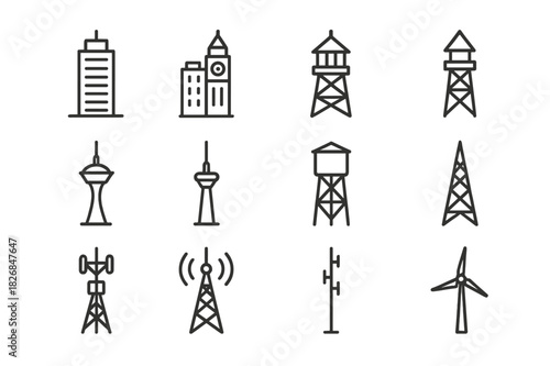 Skyscraper & Tower Icons. Skyscraper and tower types. Line icon set of Skyscraper and tower types: office skyscraper, mixed-use high-rise, clock tower, fire