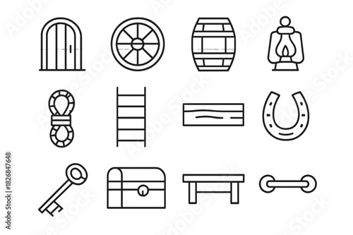 Rustic Icon Collection. Rustic elements. Line icon set of rustic elements: wooden door, wagon wheel, barrel, lantern, rope, ladder, beam, horseshoe, key,