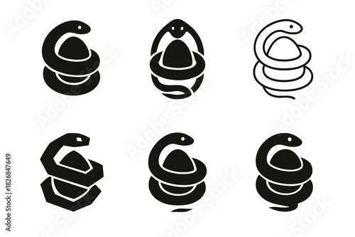 Snake Logo Variations. Snake. Icon set. Set Logo of snake: Snake coiled around egg. harmonious logo variations of the same emblematic concept, each with