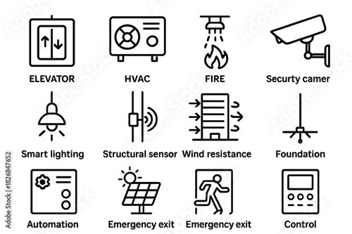 Skyscraper Tech Icons. Skyscraper technology. Line icon set of Skyscraper technology: elevator system, HVAC, fire suppression, security camera, smart lighting,