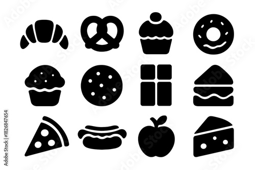 Baked Goods Icons. Baked goods. Solid icon set of Baked goods: croissant, pretzel, cupcake, donut, muffin, cookie, chocolate bar, sandwich, pizza slice, hot