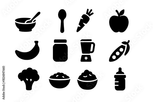 Healthy Baby Food Icons. Healthy baby food. Solid icon set of Healthy baby food: baby bowl, spoon, carrot, apple, banana, jar, blender, peas, broccoli,