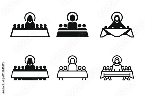 Last Supper Icons. Last Supper. Icon set. Set Logo of Last Supper: haloed figure at table center. harmonious logo variations of the same emblematic concept,