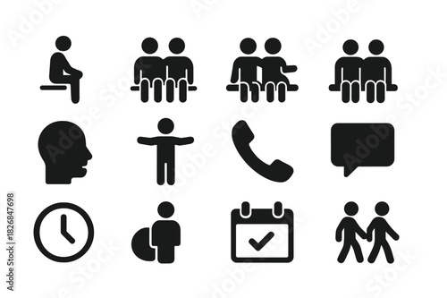 Being There Icons. Being there. Solid icon set of Being there: waiting figure, sitting side by side, arm around, shared silence, listening face, open arms,